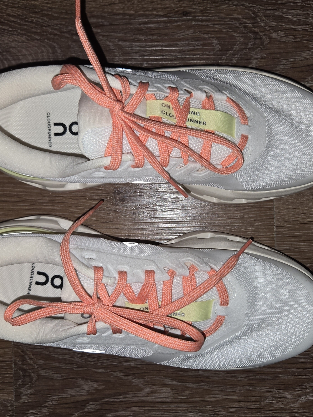 On Cloudrunner Women's Athletic Sneakers in White with Coral Laces - Picture 2 of 8